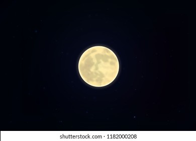 Full white moon isolated on dark starry sky, night background. Closeup moon and star light effect. Glow moonlight at dark blue space. Luna vector illustration.