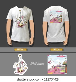 Full white T-shirt template front and back with beautiful image for insert. Vector design.
