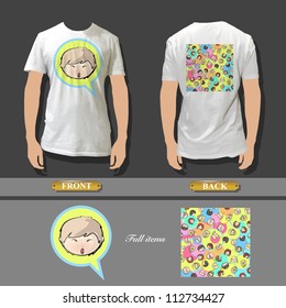 Full white T-shirt template front and back with beautiful colorful image for insert. Vector design.