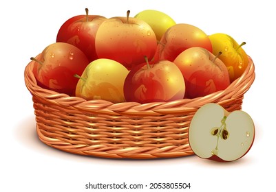 Cesta completa de mimbre de la cosecha de manzanas rojas festival símbolo del día de acción de gracias. Ilustración de dibujos animados aislados en blanco