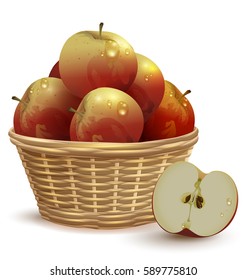 Full Wicker basket with red apples. Isolated on white vector illustration