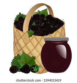 Full wicker basket with ripe blackberry on a white background. Blackberry jam in a jar. Vector illustration