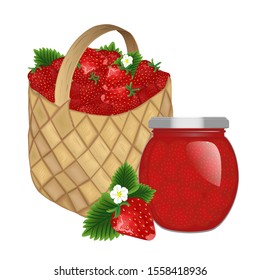 Full wicker basket with ripe strawberry on a white background. Strawberry jam in a jar. Vector illustration