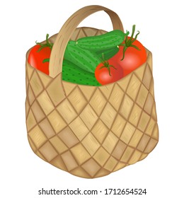 Full wicker basket with tomatoes and cucumbers. Vector illustration