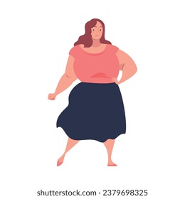 Full Woman Character with Plump Body Standing and Smiling Vector Illustration