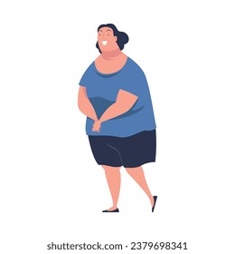 Full Woman Character with Plump Body Walking and Smiling Vector Illustration