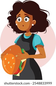 
Full Woman Feels Like Having a Food Baby Vector Cartoon. Girl feeling sick after eating too much fast food 
