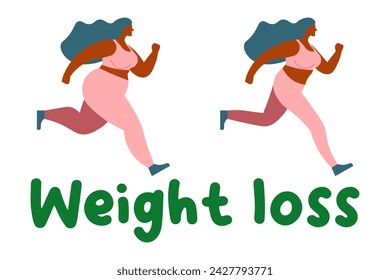 full woman is jogging. weight loss. concept of health and take care. results before and after. vector