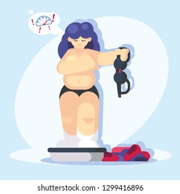 Full woman on the weight scale is upset with her weight. Girl is undressing. Flat style vector illustration clipart. - Vector eps10