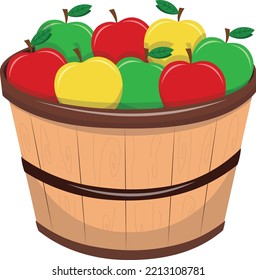 Full wooden bucket of colorful apples, vector illustration.