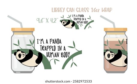 Full wrap for libby class can with mock up. Cute panda hanging on a tree. Simple flat icon with a funny inscription