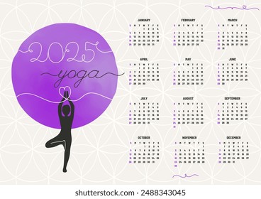 Un calendario completo de 2025 en Vector con una temática de yoga. Cuenta con un Grande círculo púrpura con una silueta de pose de yoga y texto de YOGA 2025. Rejillas mensuales aparte en un diseño limpio y moderno.