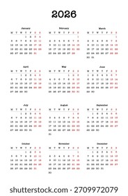 Calendario de Año Completo 2026, Plantilla de Calendario de Año Minimalista 2026. La Semana Empieza El Lunes.