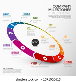 Full year circular timeline template with all months on a big diagonal 3d circle ring time line