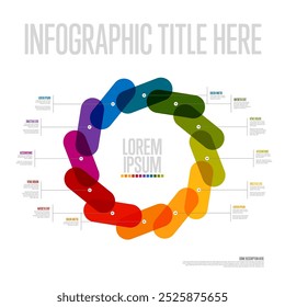 Full year circular timeline template with all months as rainbow color blocks on big circle time line. Whole year infographic timeline template