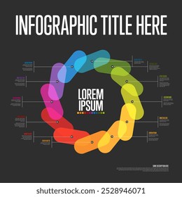 Modelo de linha do tempo circular do ano inteiro com todos os meses como blocos de cor arco-íris na linha do tempo do círculo grande. Modelo de linha do tempo infográfico do ano inteiro no fundo escuro