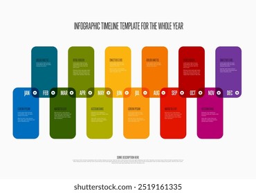 Full year rainbow color time line template made from color blocks, month names icons and sample text descriptions. Multipurpose month year timeline template