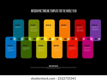 Full year rainbow color time line template made from color blocks, month names icons and sample text descriptions. Multipurpose dark month year timeline template