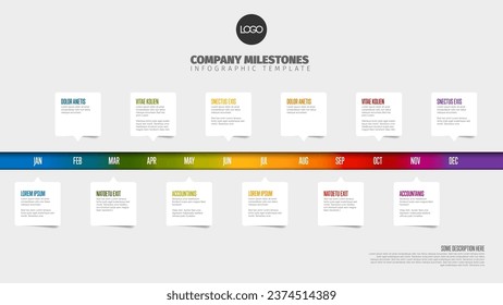 Full year rainbow timeline template with months texts in white speech bubbles on a horizontal time line  month names and short descriptions, all on white background