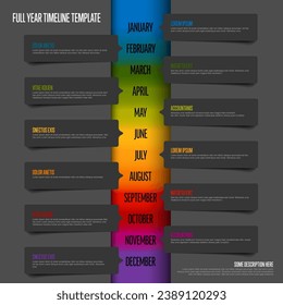 Full year rainbow vertical timeline template with months texts in dark gray speech bubbles on a time line  month names and short descriptions, all on dark background