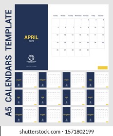 Full Year Table Calendar of 2020 in A5 layout template