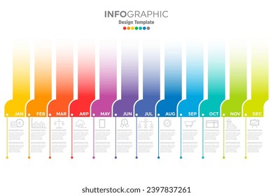 Full year time line template with all the colored months of the rainbow on a neatly arranged horizontal time layout, month names, icons and short descriptions on a white background.