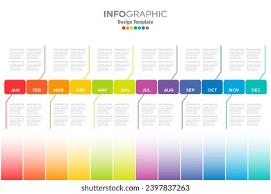 Full year time line template with all the colored months of the rainbow on a neatly arranged horizontal time layout, month names, icons and short descriptions on a white background.