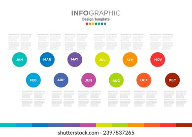 Full year time line template with all the colored months of the rainbow on a neatly arranged horizontal time layout, month names, icons and short descriptions on a white background.