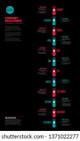 Full year timeline template with all months on a vertical time line - dark red and teal version