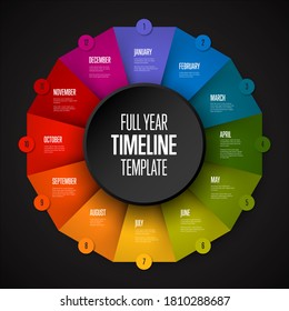 Full year timeline template with all months on circle folded rainbow papers - dark color version