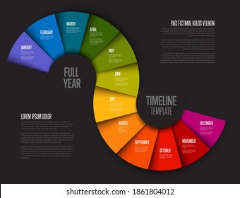 Full Year Timeline Template With All Months On Two Circle Folded Rainbow Papers - Dark Background Version