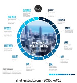 Full Year Timeline Template With All Months On Circle Blue Blocks. All Months Of The Year On One Infographic Time Line Layout With Photo In The Middle