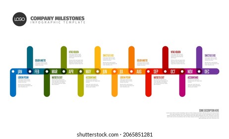 Full Year Timeline Template With All Months On A Horizontal Time Line Made From Thick Marker Color Lines With Icons, Months Days And Descriptions