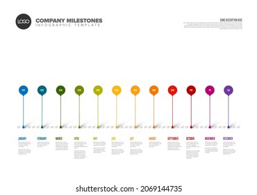 Full year timeline template with all months on a horizontal time line as a circle droplets on dots timeline. Vivid color pointers on dotted time line infographic template