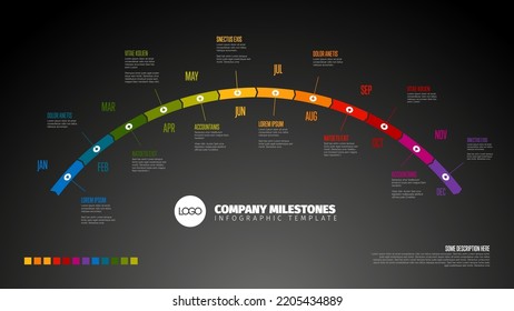 Full year timeline template with all months on a horizontal arc time line as a colorful label tags with months names and some descriptions on dark gray background