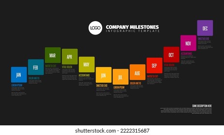 Full year timeline template with all rainbow colored months on a horizontal curved time line as a big squares in one long row, month names and short descriptions, all on black background