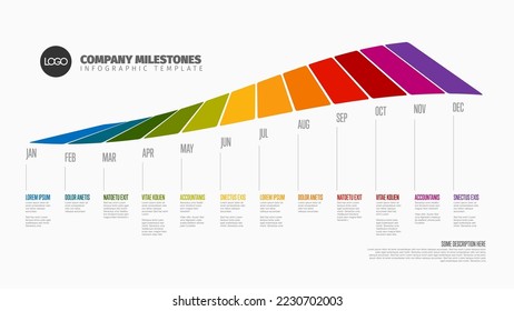 Plantilla de tiempo de año completo con todos los meses de color arcoiris en una línea de tiempo curva horizontal como una banda grande en una fila larga, nombres de mes y descripciones cortas, todo sobre fondo blanco