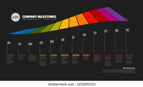 Plantilla de tiempo de año completo con todos los meses de color arcoiris en una línea de tiempo curva horizontal como una banda grande en una fila larga, nombres de mes y descripciones cortas, todo sobre fondo negro
