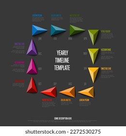 Full year timeline template with all rainbow colored months as triangle pyramid pointers in one big square, month names and short descriptions, all on dark gray background