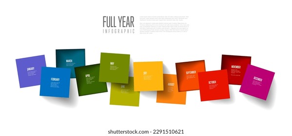 Full year timeline template with all months in random square mosaic randomly ordered in one line on white background and light shadows