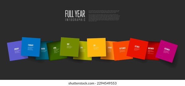 Full year timeline template with all months in random square mosaic randomly ordered in one line on black  background and deep shadows