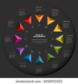 Full year timeline template with all rainbow colored months as arrows  in one big cycle and short descriptions, all on dark gray background