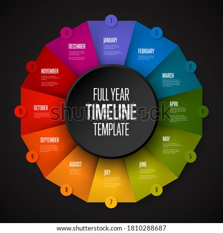 Full year timeline template with all months on circle folded rainbow papers - dark color version