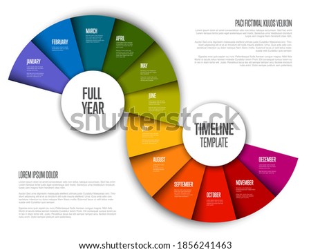 Full year timeline template with all months on two circle folded rainbow papers