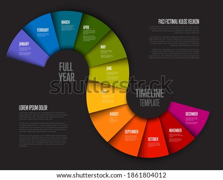 Full year timeline template with all months on two circle folded rainbow papers - dark background version