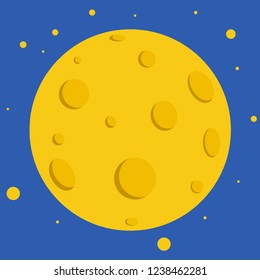 Full yellow moon with craters surrounded by stars. Earth satellite in space. Cartoon illustration of the night sky.
