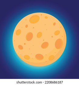 Full yellow moon with Craters in the Universe. Simple icon, isolated on dark background .  Cartoon planet moon icon. Science astronomy Earth satellite in space. Vector Illustration