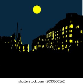 Full yellow moon shines over the dark city street
