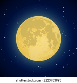 Full yellow moon with star at dark night sky background. Realistic vector.