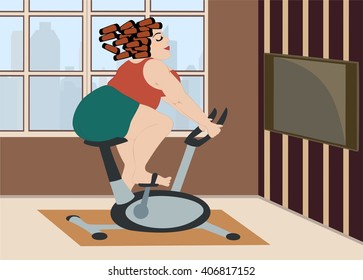 Full young girl is engaged on a stationary bike at home in front of the window, overlooking the daytime city . Vector illustration.